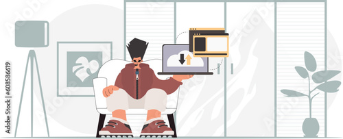 The person is holding a tablet, which is synchronized with the information capacity. Trendy style, Vector Illustration