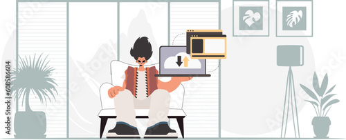 The person is holding a tablet, which is synchronized with the information capacity. Trendy style, Vector Illustration