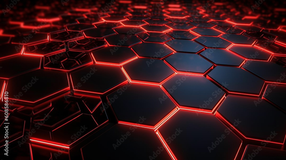 A close up of a hexagon with red lights.generative ai A close up of a hexagon with red lights.generative ai