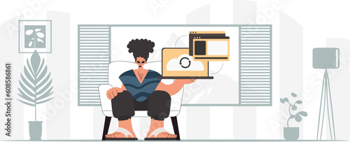 The person is holding a tablet, which is synchronized with the information capacity. Trendy style, Vector Illustration