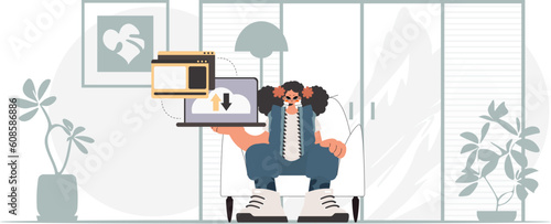 The energized lady is holding a tablet, which is synchronized with the information capacity. Trendy style, Vector Illustration