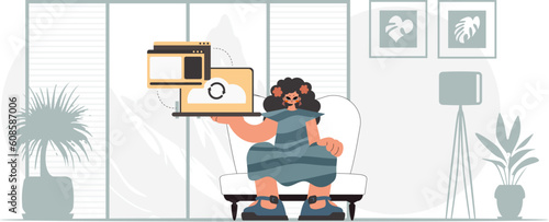 The energized woman is holding a tablet, which is synchronized with the data capacity. Trendy style, Vector Illustration