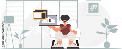 The energized lady is holding a tablet, which is synchronized with the information capacity. Trendy style, Vector Illustration