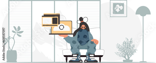 The energized woman is holding a tablet, which is synchronized with the data capacity. Trendy style, Vector Illustration