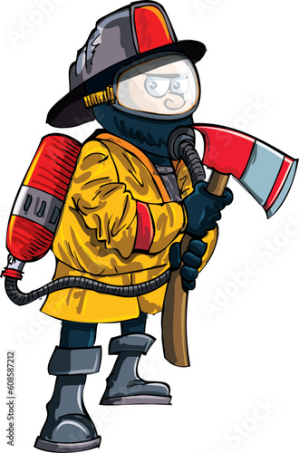 Cartoon fireman in a mask with an axe. Isolated on white