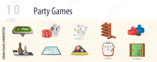 Party games set. Creative icons: poker table, blackjack, domino, jenga, air hockey, chess, monopoly, billiard, sudoku, table soccer.