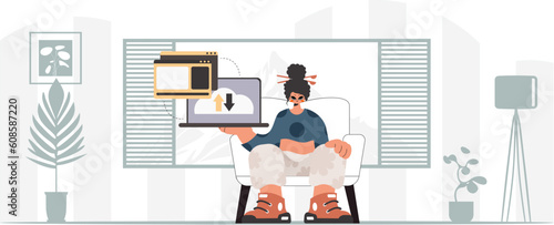 The energized lady is holding a tablet, which is synchronized with the information capacity. Trendy style, Vector Illustration