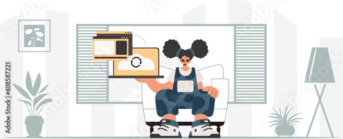 The energized woman is holding a tablet, which is synchronized with the data capacity. Trendy style, Vector Illustration