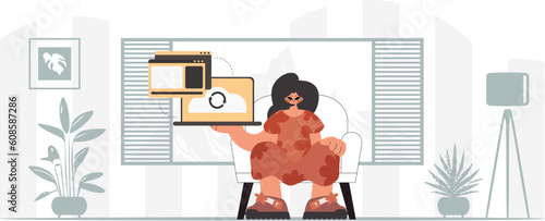 The energized woman is holding a tablet, which is synchronized with the data capacity. Trendy style, Vector Illustration