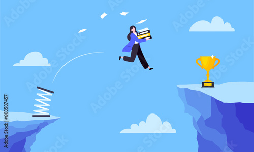 Businesswoman jumps over the abyss across the cliff flat style design vector illustration. Business concept of fearless businesswoman with courage. Risk, goal achievement, work obstacles and success.