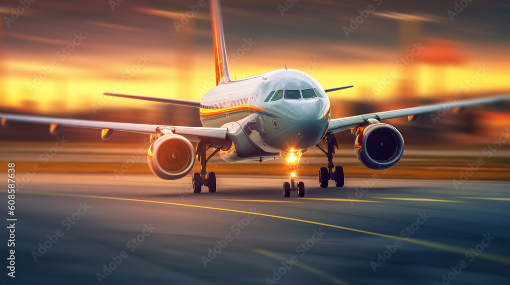 A plane is taking off at night with the lights on.generative ai A plane is taking off at night with the lights on.generative ai