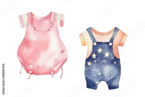 Set vector watercolor clothes for a newborn girl pink and boy blue sliders isolated on white background