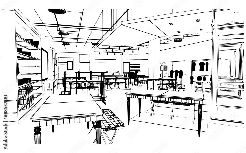 line drawing of a fashion clothing store,3d rendering line drawing of a fashion clothing store,3d rendering