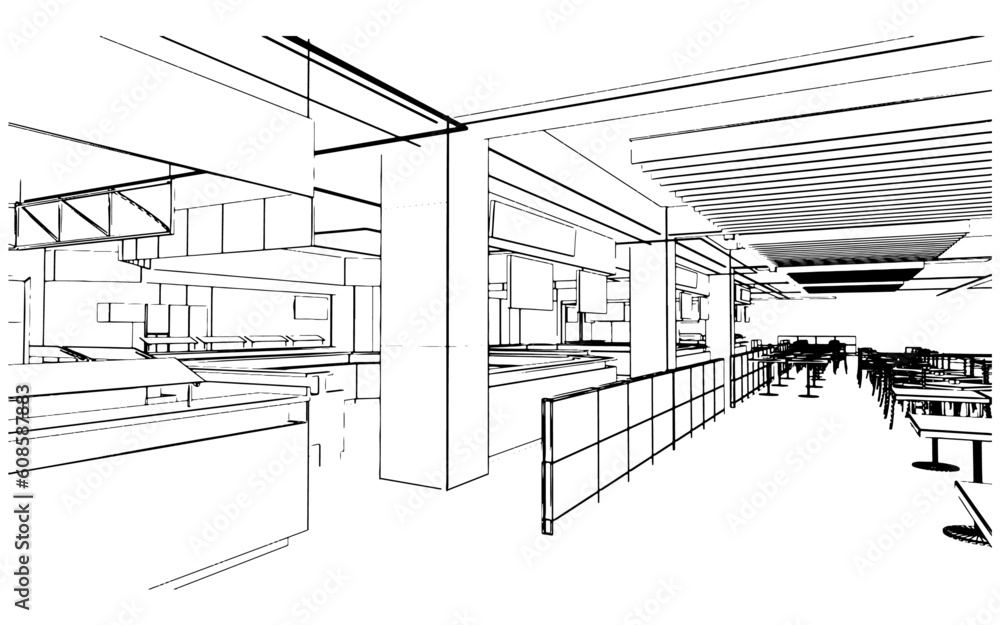line drawing of the area of the department store hall, the food store section,3d rendering line drawing of the area of the department store hall, the food store section,3d rendering