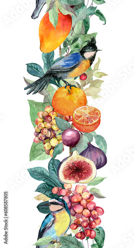 Decorative fruits and birds beautiful seamless banner: mango fruit, orange, exotic leaves. Watercolor tropical repeated stripe frame. Harvest summer design 