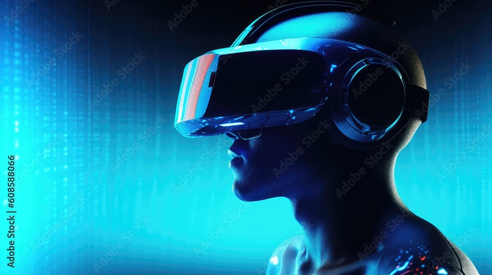 Concept of virtual reality technology. Men wearing VR headset, sparkle background. Human's head silhouette with vr headset. Futuristic Technology. Ai artificial intelligence. Generative AI Concept of virtual reality technology. Men wearing VR headset, sparkle background. Human's head silhouette with vr headset. Futuristic Technology. Ai artificial intelligence. Generative AI