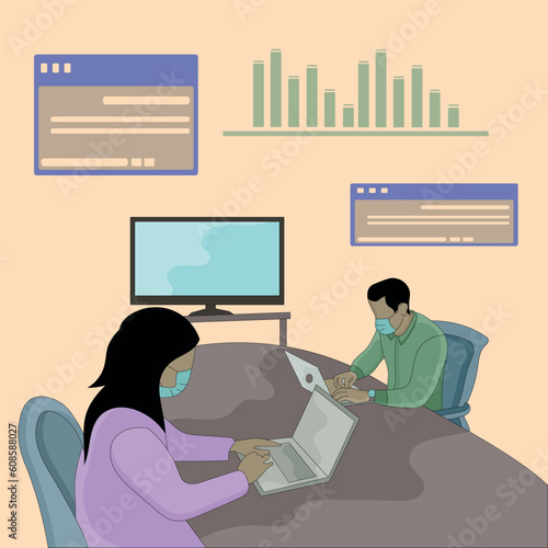 vector a man and a woman wearing face masks using a laptop computer flat design
