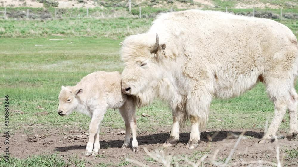 White buffalo licking its baby as they stand there in a pasture. White buffalo licking its baby as they stand there in a pasture.