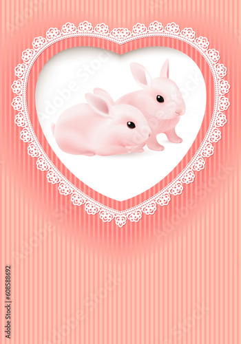 Greeting Card. Two Rabbits in a Heart on Pink background.