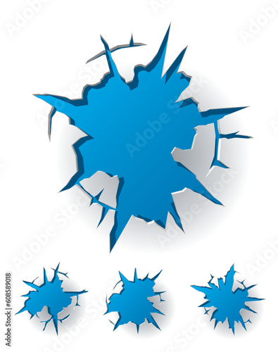 White cracked background with blue hole. Vector Illustration