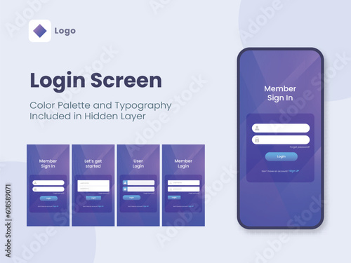 Login Screen App Ui Kit Including as Sign in, Log In, Get Started for Mobile Application and Responsive Websites.