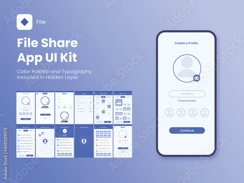 File Share App UI Kit and Different Screens Template on Blue Background.