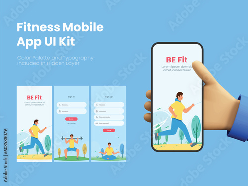 Fitness Mobile App UI Kit Including as Login, Sign up on Blue Background for Responsive Websites.