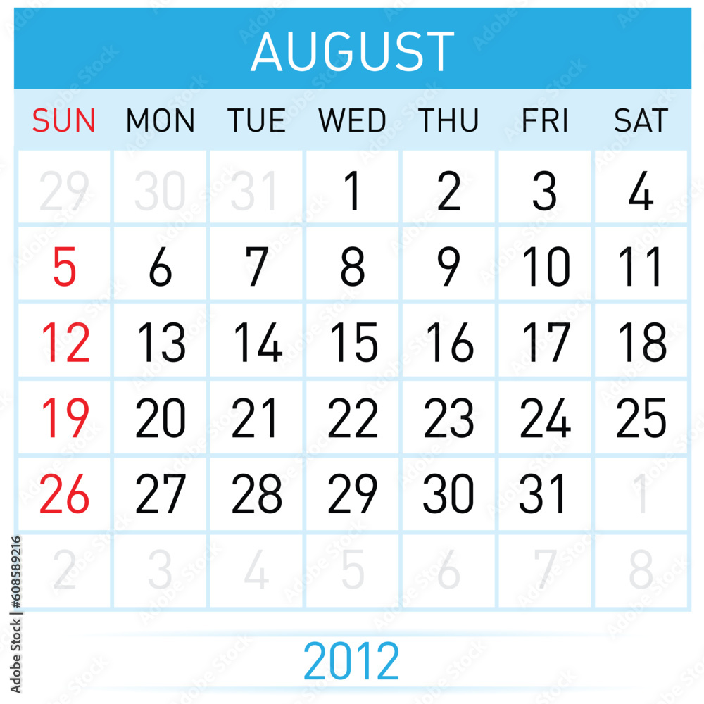 August Calendar. Illustration on white background for design August Calendar. Illustration on white background for design