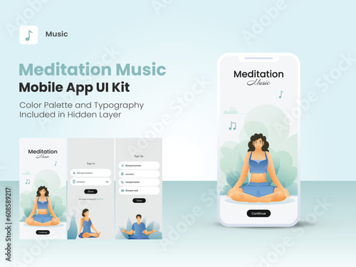 Set of UI, UX, GUI Screens Meditation Music App Including Sign In, Sign Up, Create Account for Responsive Website.