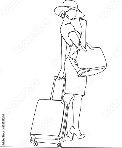 Continuous line drawing of traveler woman with luggage. Single one line art concept of tourist walking with suitcase. Vector illustration