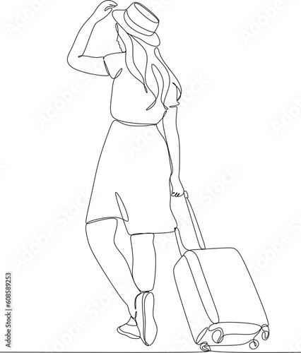 Continuous line drawing of traveler woman with luggage. Single one line art concept of tourist walking with suitcase. Vector illustration