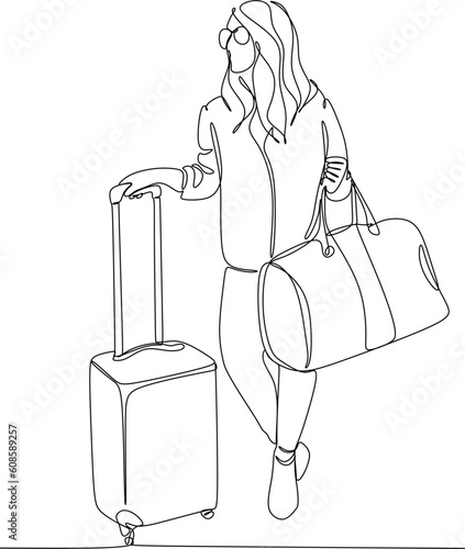 Continuous line drawing of traveler woman with luggage. Single one line art concept of tourist walking with suitcase. Vector illustration