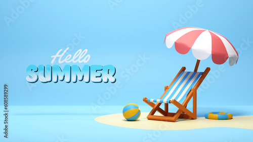 3D Hello Summer Greeting Text with Beach Elements on Light Blue Background. Summer Advertising Banner Design.