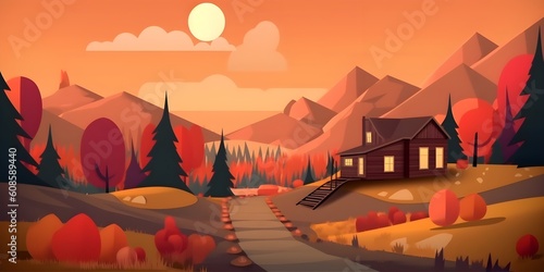 Simple cartoon landscape illustration with house on the sunset, AI generated