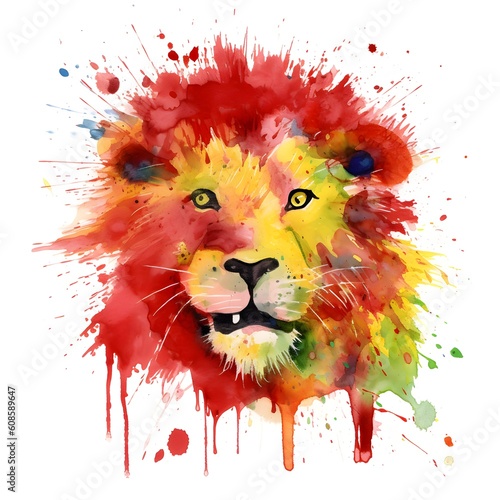 abstract lion face in colorful paint splashes, AI generated