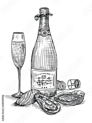 Hand drawn Champagne and fresh oyster