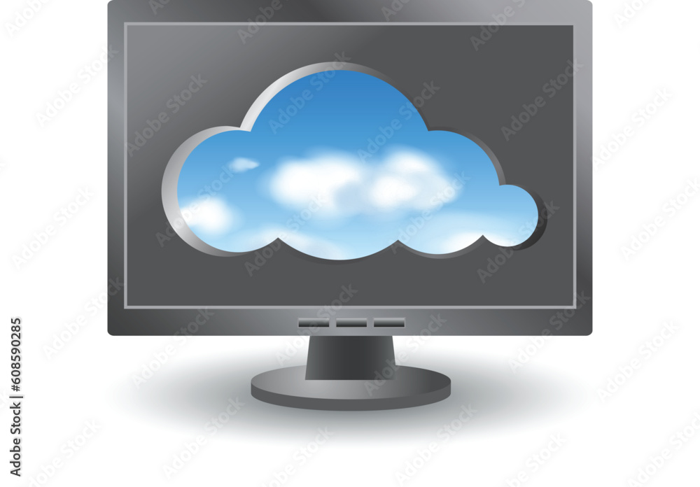 Cloud shape cut out from a computer monitor with a view of the clouds in the sky. Cloud computing abstract concept. Vector illustration. Cloud shape cut out from a computer monitor with a view of the clouds in the sky. Cloud computing abstract concept. Vector illustration.
