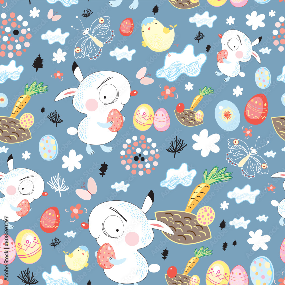 Fototapeta premium Seamless Easter pattern of rabbits on a blue background with clouds and eggs