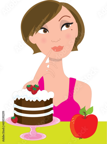 An attractive brunette in a pink dress, is trying to decide between an apple and a strawberry shortcake.