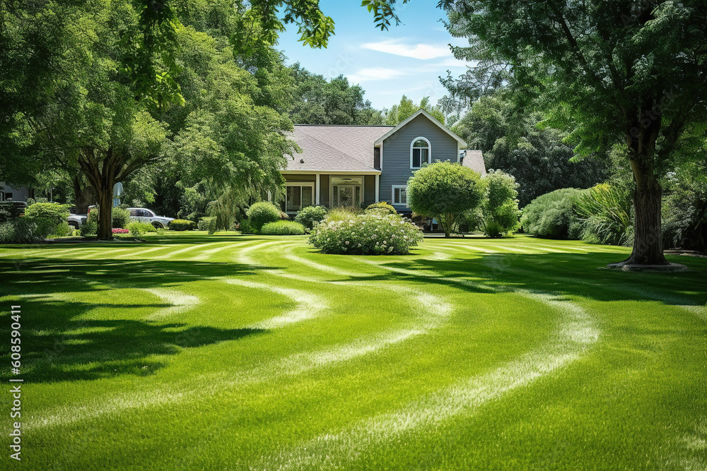 American rural houses. On sunny days, images of residential houses with green lawns and leaf frames