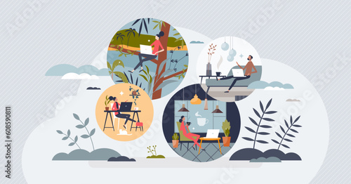 Remote work as different workspaces of freelance job tiny person concept. Online meeting with distance professional tasks vector illustration. Workforce organization process with free time management