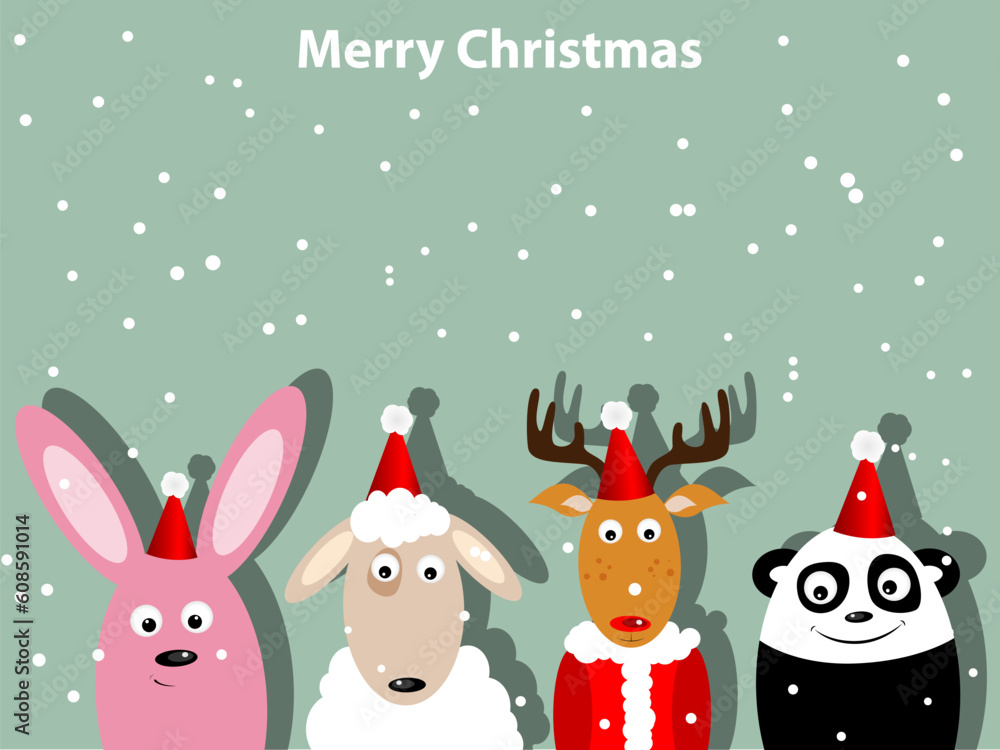Greeting card with bunny, deer, ship and panda bear