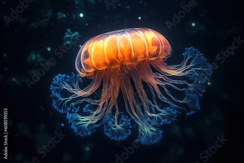 A jellyfish floating in the water with bright lights, dark background
