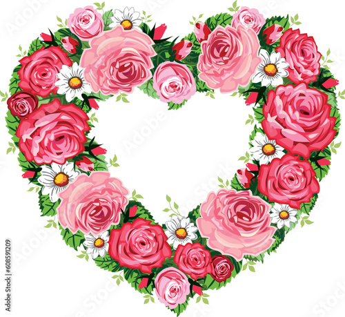 Vector illustration of roses heart frame isolated on white background