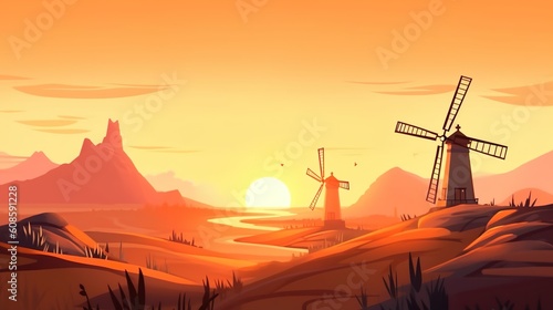 Background windmills. The illustration shows the charm of windmills with a beautifully crafted banner style design. Generative AI.