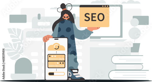 The flooding lady is holding a information cloud and a server. Synchronization and security of information capacity concept. Trendy style, Vector Illustration