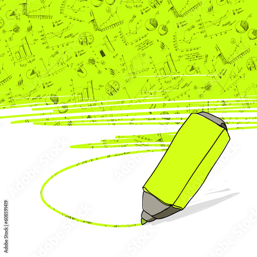 Successful business graphs highlighted in yellow with highlighter office yellow marker. Vector.
