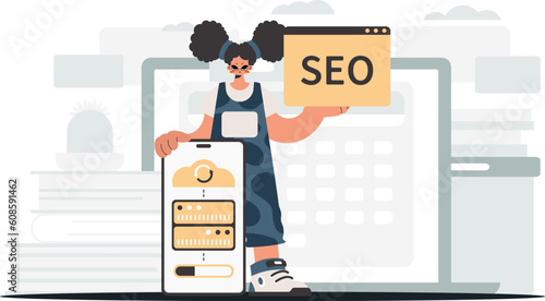 The flooding lady is holding a information cloud and a server. Synchronization and security of information capacity concept. Trendy style, Vector Illustration