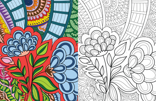 Decorative doodle hand drew floral mehndi design style coloring book page illustration
