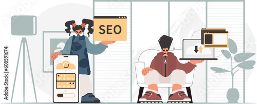 A collect of SEO stars. Synchronization and security of information capacity concept. Trendy style, Vector Illustration